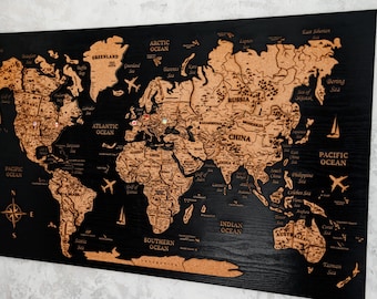 Wooden World Map Wall Art: Cork Board Travel Decor, Push Pins