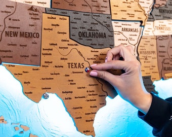 USA Holz-Reisekarte: Holz-Reise-Karte mit Pinnwand-Dekor