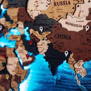 3D Wooden World Map with LED Backlight: Push Pin Travel Decor