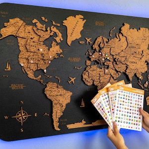 Cork World Map, 3D Wooden World Map, Wooden Map, Led World Map, 3d Wood World Map LED Lighting, Home Wall Decor, Push Pin Map Birthday Gifts