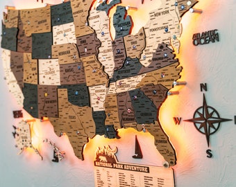 US Travel Map | Wooden Map | Push Pin Travel Map | Apartment Decor | Led Map | US National Park | Map of the US | States Map | Push Pins