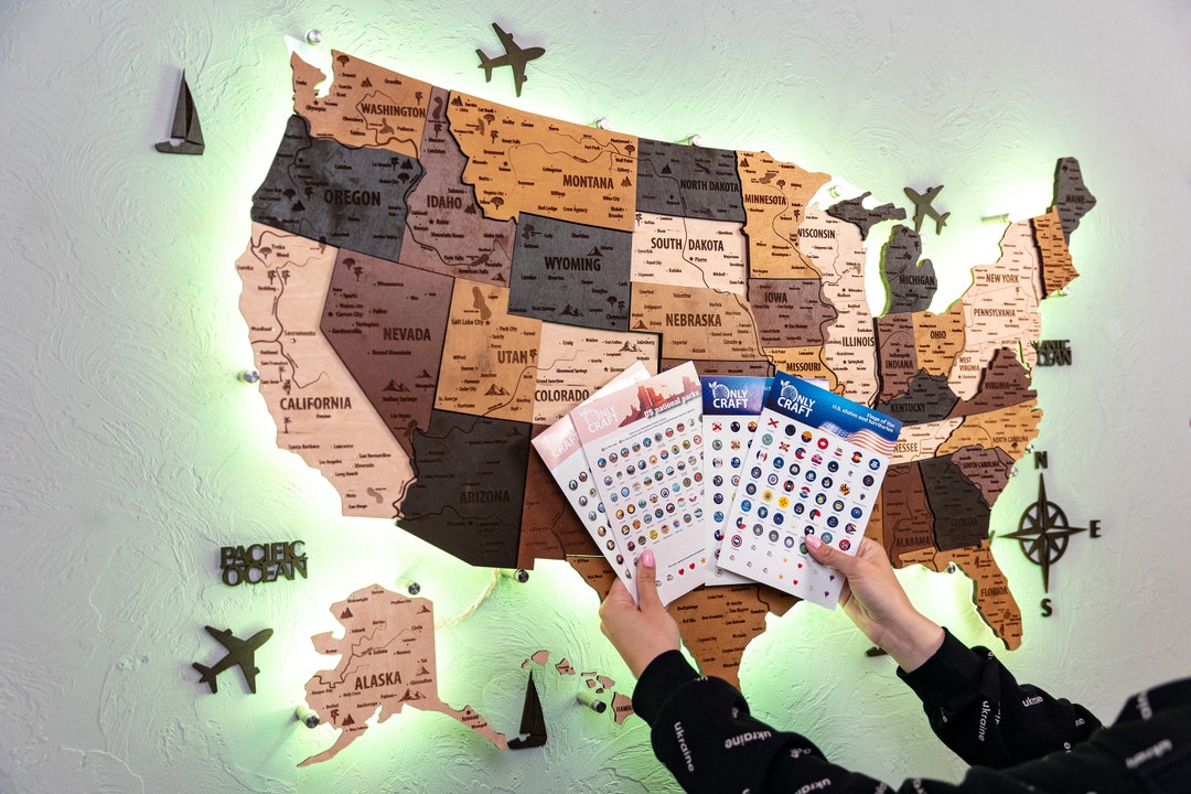 United States Map Wall Art, Led Wooden Map Push Pin, USA Map, US Map ...