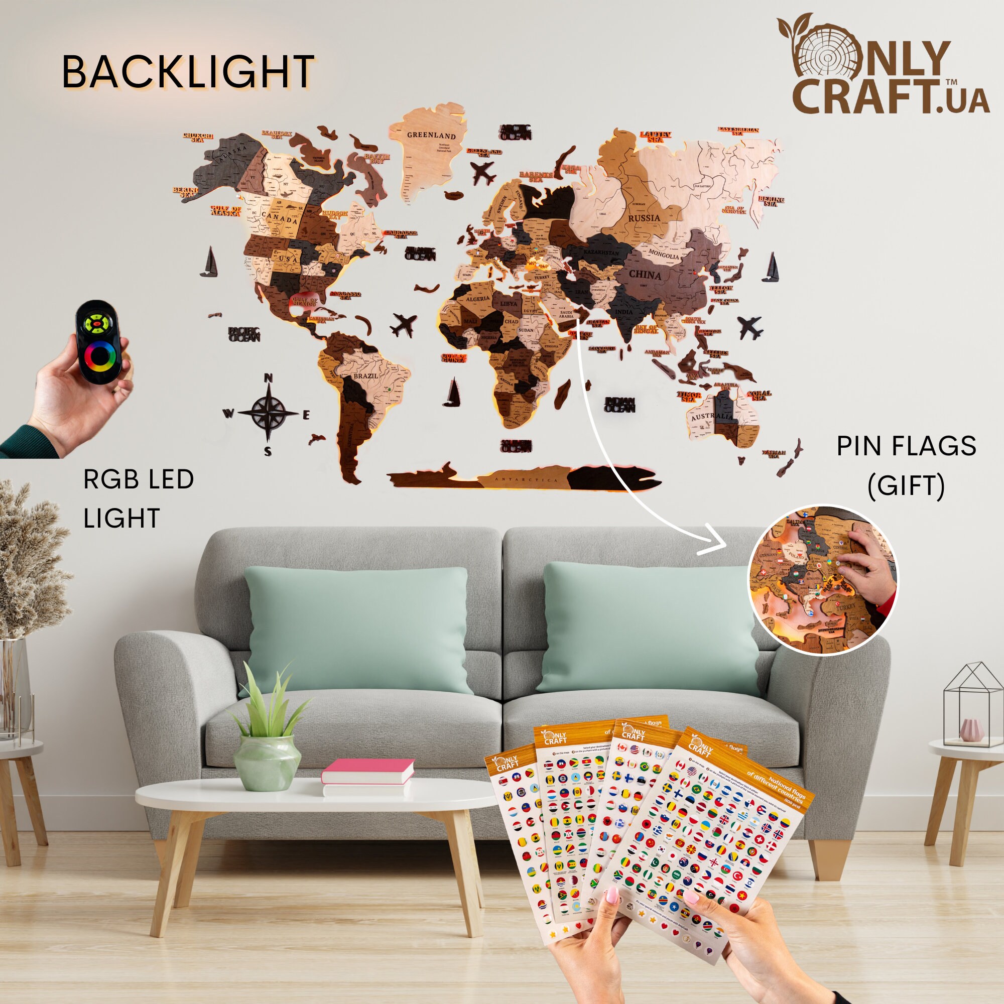 3D Wooden World Map LED, Weltkarte Holz, Large Wall Art Wood