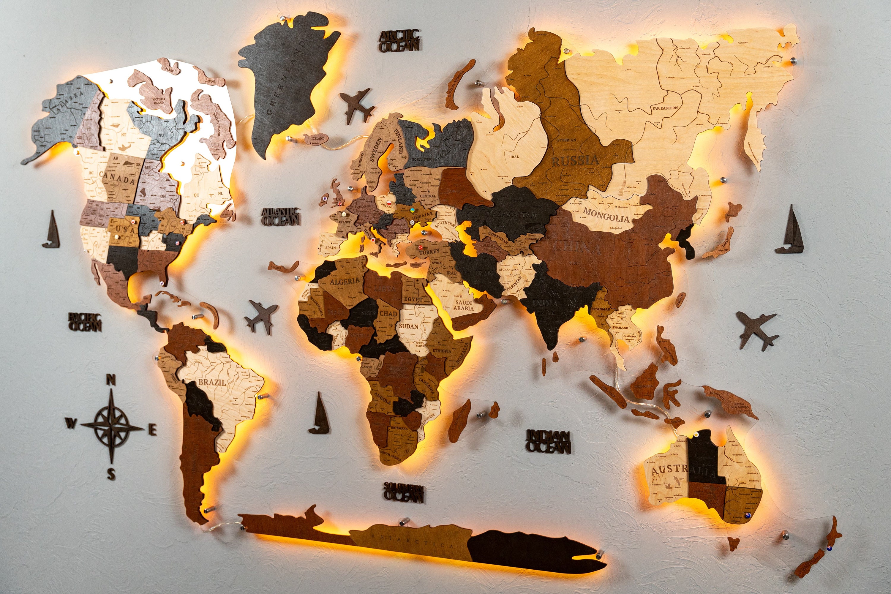 World Map Led Push Pin Wall Art, Cork World Map Board, Wooden