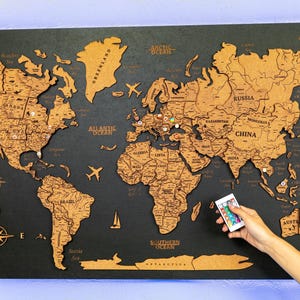 Cork World Map, 3D Wooden World Map, Home Decor, Rustic Wall Decor, Map Of The World, Push Pin, World Map, Travel World Map,Large Travel Map