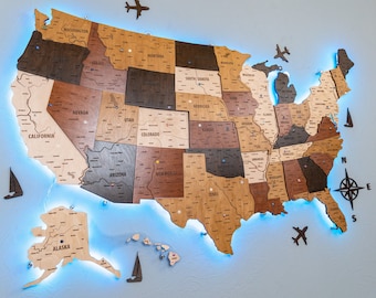 US Travel Map, USA Wooden led map, Push Pin Map, Wood Map Of United States, Apartment Decor, USA Office Map