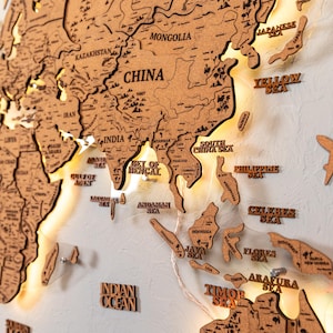 3D World Map Push Pin Map, World Map Wall Art, LED Travel Map Print - Perfect 16th Birthday or New Apartment Gift