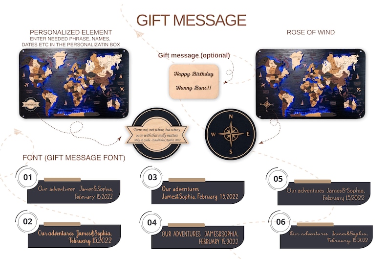 The image is a gift message featuring a personalized world map with a rose of wind motif. It includes a map of the world with a rose on it, and a message for a birthday gift. The message is personalized with the names of the recipient, James Sophia and James Sophia, along with their birth dates. The image also includes a map of the world with a rose on it, and a message for a birthday gift. The image is a collage of multiple images, and the text is limited to avoid redundancy and ensure clarity.