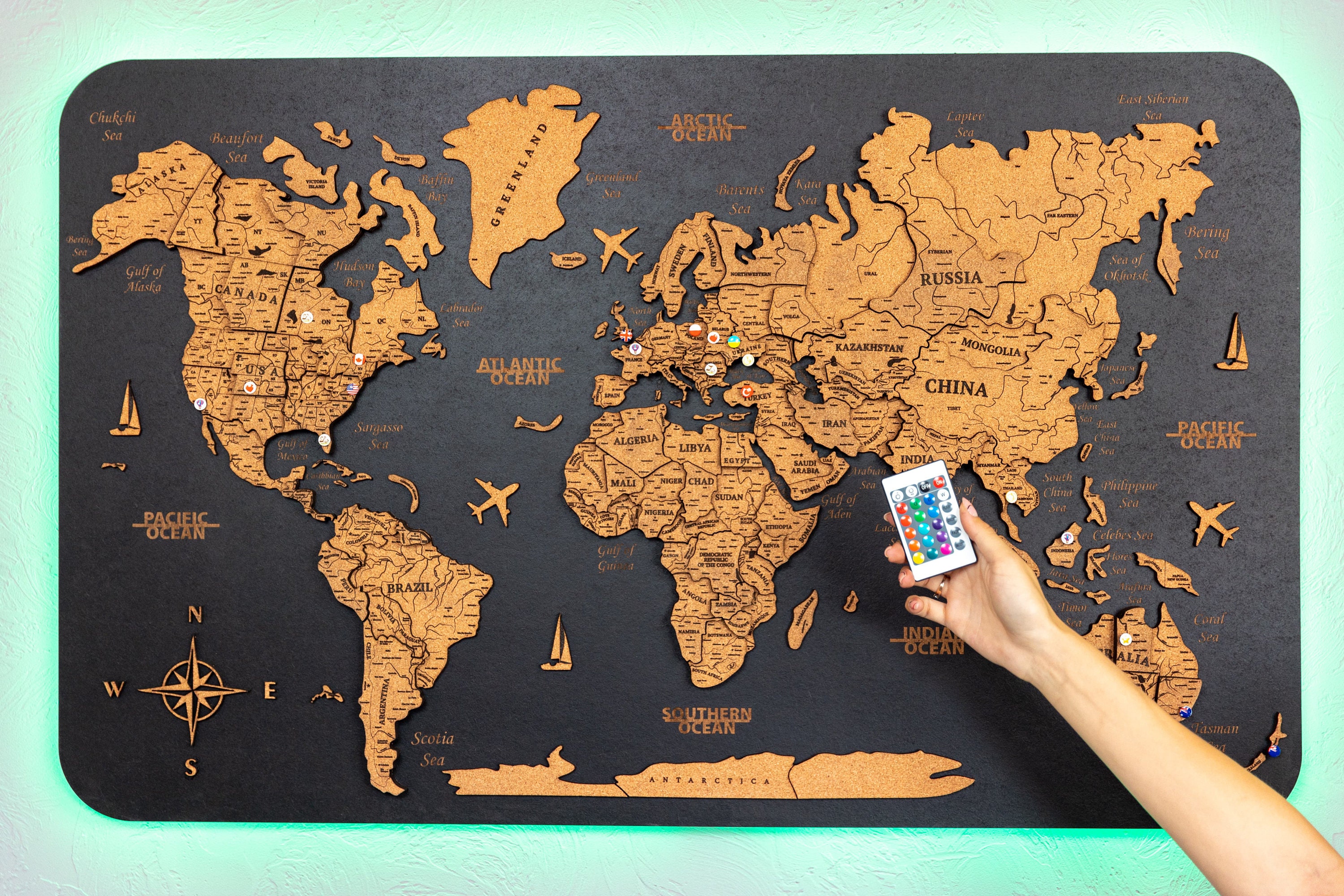 Push Pin World Map Modern Personalized Cork Canvas Gift modern Slate Style  