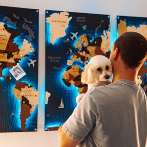 Handmade World Wooden Map, Push Pin Travel Map, Map of Memories, Large Led World Map, Above Bed Decor