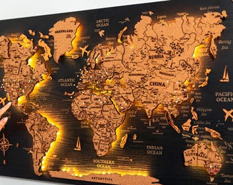 LED Cork World Map – Wooden Travel Pin Board, Home Decor