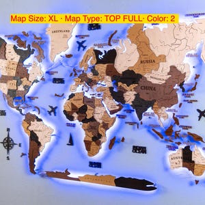 A world map with illuminated regions, likely representing different countries and their borders, and various landmarks and symbols.