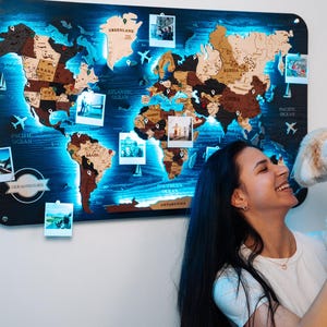 Handmade World Map, Push Pin Maps, Wooden World Map Gift for Couple, World Wall Art, Personalized Map Gift