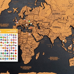 Cork World Map, Wooden World Map Travel Map, Cork World Map Wall Decor for Home, Travel LED Map Wall Large Art for Office