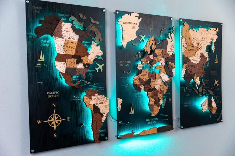 Wooden World Map – Large Push Pin Travel Board with LED Lighting, Wall Art Decor image 17