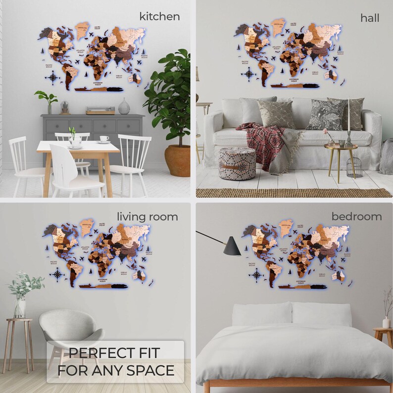 The image is a collage of four photos depicting different rooms in a house, each with a world map as the central decorative element.