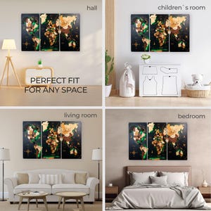 The image is a collage of four different rooms, each with a unique design and furniture arrangement. The first room is a living room with a white sofa and a coffee table. The second room is a bedroom with a bed and a nightstand. The third room is a children's room with a dresser and a toy chest. The fourth room is a hallway with a coat rack and a plant.