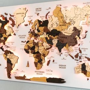 Levitation Wooden Map of the World on Canvas Anniversary Gift, Travel Map, Gift for Mom, Led Map