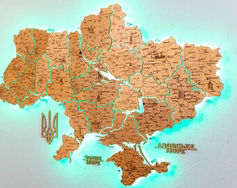 LED Ukraine Wooden Map, Ukraine Map led, 1 layer plywood map, Ukraine Map LED Backlight, OAK Ukraine Map, Ukraine Map Push Pin Flags