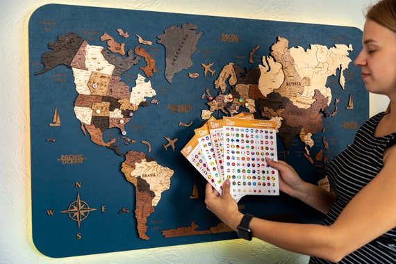 World Map Push Pin Board FREE Pins, Travel Map of the World Decor, Wooden  Map, Woody Map Natural World 