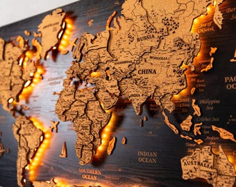 LED Cork World Map: Wooden Push Pin Travel Planner