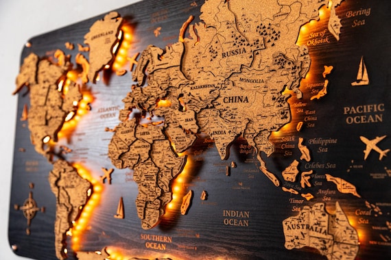LED Cork World Map: Wooden Push Pin Travel Planner