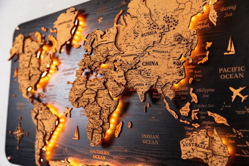 LED Cork World Map: Wooden Push Pin Travel Planner image 1