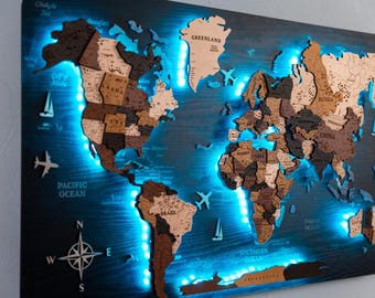 Push Pin Wooden World Map: LED Travel Adventure Wall Art