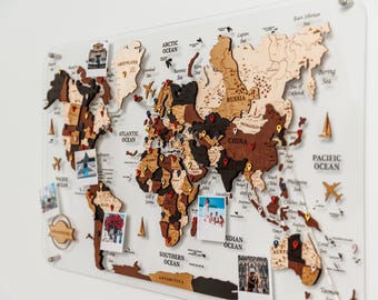 LED Wooden World Map with Pins: Acrylic Wall Art for Travelers