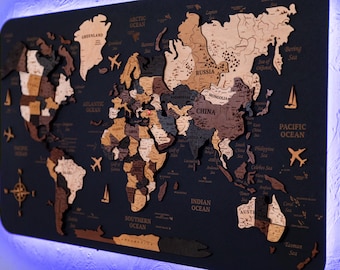 3D Wooden World Map with LED Backlighting: Multilayer Wall Art