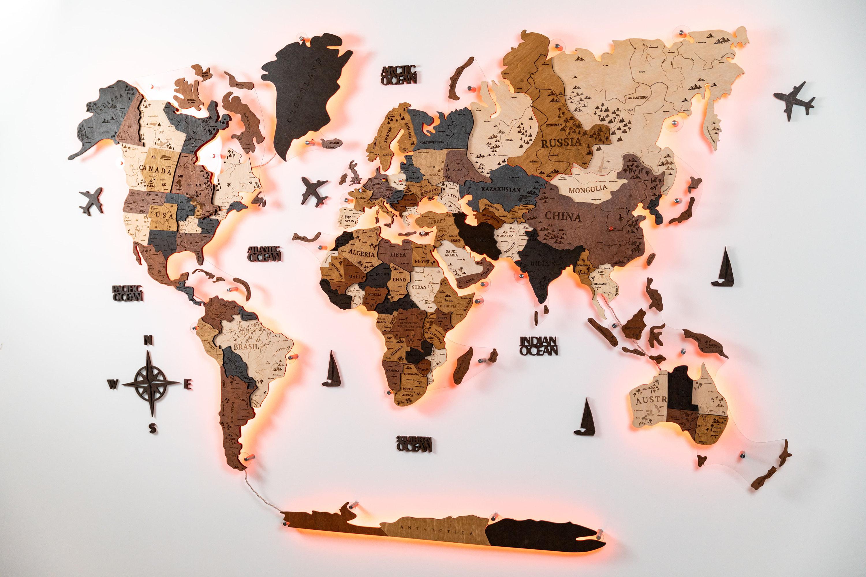 3D Wooden World Map Led - Etsy