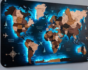 Mapa del mundo de madera: tablero de viaje grande con chinchetas e iluminación LED, decoración de pared