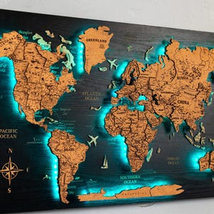 Cork World Map, Levitating map of the World, Led World Map, Wooden World Map, Cork Map, Wall Decoration, Push Pin Travel Map, Home Decor