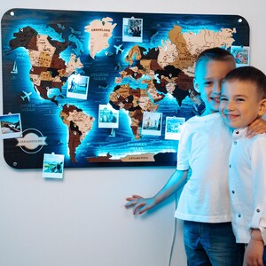 Led Wooden World Map, Push Pin Travel Maps, Personalized Map Gift, Wooden Wall Map 5th Anniversary Gift, Handmade World Map