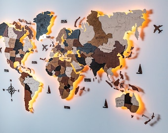 LED Wooden World Map Wall Art: Travel Decor Gift