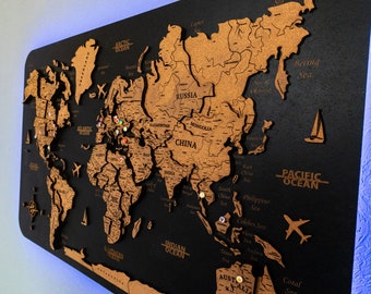 World Map Led Push Pin Wall Art, Cork World Map Board, Wooden World Map Travel Map, Pin Board Apartment Decor, Above Bed Decor