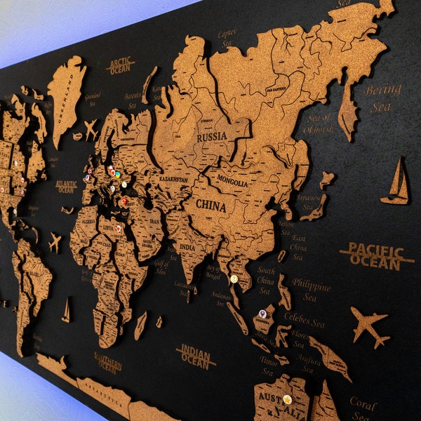 Weltkarte Led Push Pin Wandkunst, Weltkartentafel aus Kork, Weltkarte Reisekarte aus Holz, Pinnwand Wohnungsdekoration, Überbettdekoration