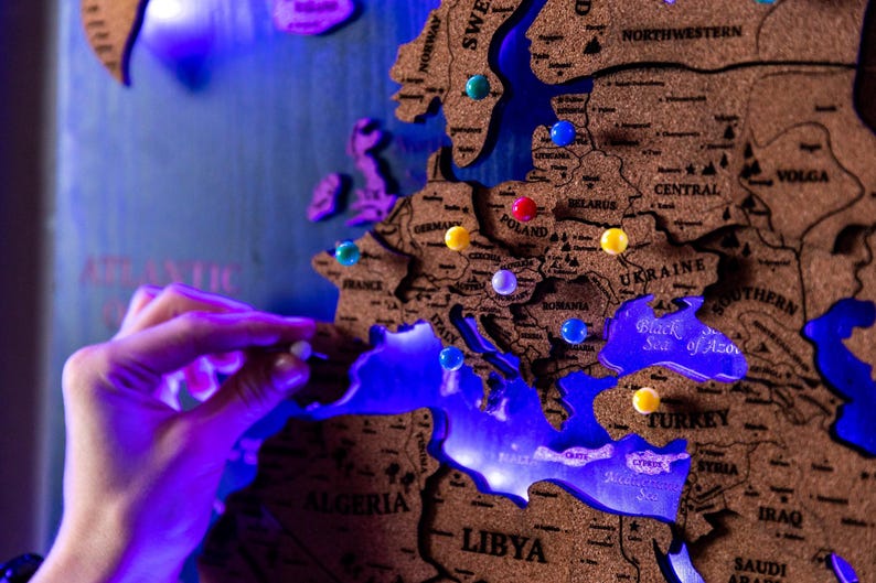 Wooden World Map – Large Push Pin Travel Board with LED Lighting, Wall Art Decor image 15