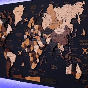 Wooden Multilayer World Map, Wooden World Map with Led backlighting, Room Decor, World Map, Poster Wall Art, 3d Canvas World Map