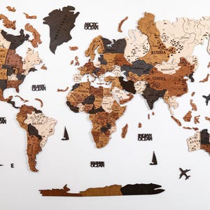 World Map, Wood Map, Wall Art Decor, Wooden World Map, 3D World Map, Large Map, Brown Color Wood Map, 3D Wood World Map, Housewarming Gift