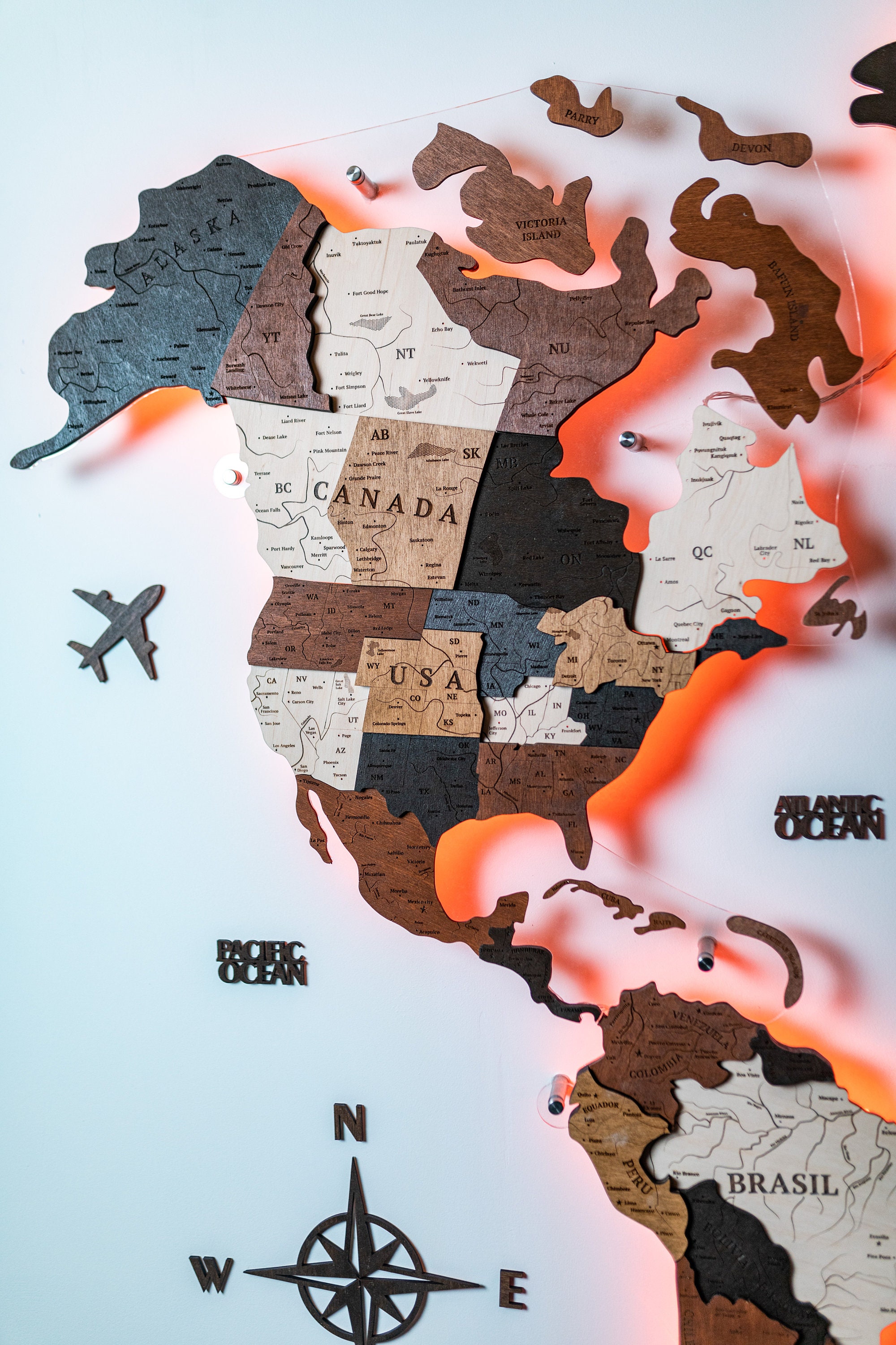 3D Wooden World Map LED, Weltkarte Holz, Large Wall Art Wood