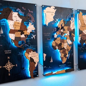 3D Wood World Map Push Pin, Travel Map Home Decor, Canvas World Map Wall Art, Led World Map Housewarming Gift, Custom Wood Map, Home Decor