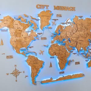 Wooden World Map Led, 3D Wooden Map Backlight, Push Pin Map, World Map Wall Art, Travel Map, Home Wall Decor, Office Decor, Anniversary Gift