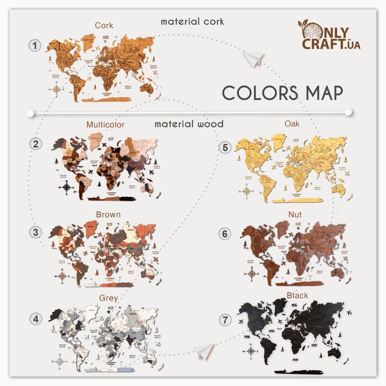 The image is a colorful world map with different materials used to create the map, including cork, material wood, oak, brown, nut, grey, black, and grey.