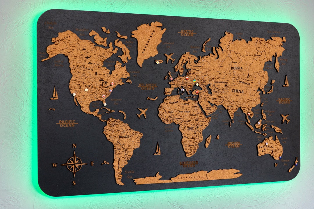 Cork World Map Push Pin World Map Cork World Map Travel Etsy