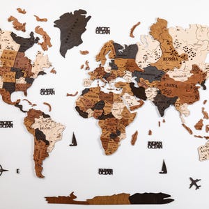 木製の世界地図ウォールアート：3Dルームデコレーション