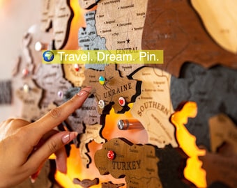 3D Wooden World Map LED Wall Art: Travel Push Pin Map