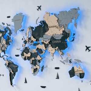 3D World Map Push Pin, Wood World Map, LED World Map Wall Art Travel Map, Housewarming Gift, Gifts for Couple, 5th Anniversary Gift Wall Map