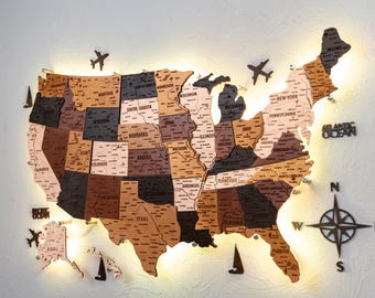 Wooden USA Travel Map: Push Pin Board with LED Backlight