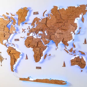 Wall Decor Led 3D World Map 5th Anniversary Gift Map of the World Wood Wall Art World Map Rustic Home Decor Birthday Gift For Husband 3D Map